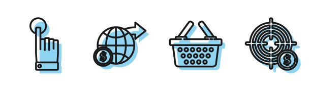 设置线上购物篮，手动触摸和点击手势，地球地球仪与美元和目标与美元符号图标。向量图片下载