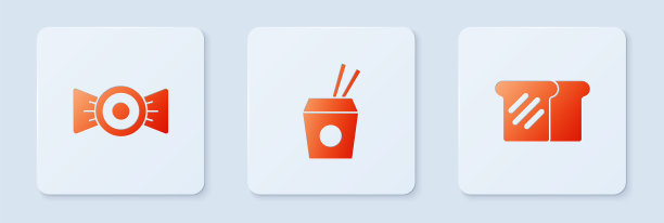 放亚洲面条和筷子，糖果和面包吐司。白色正方形按钮。向量图片下载