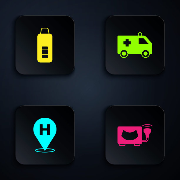 设置超声波，数字温度计，定位医院和救护车。黑色方形按钮。向量图片下载