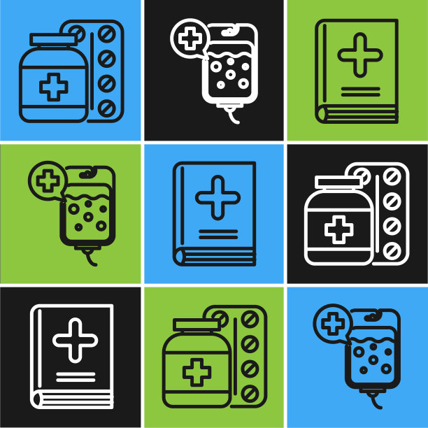 设置行药瓶和药片，医疗书和IV袋图标。向量图片下载