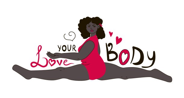 身穿红色泳衣的非裔美国胖女孩坐在绳子上，旁边画着一颗心，上面写着“爱你的身体”。身体积极的。涂鸦风格矢量插图图片下载