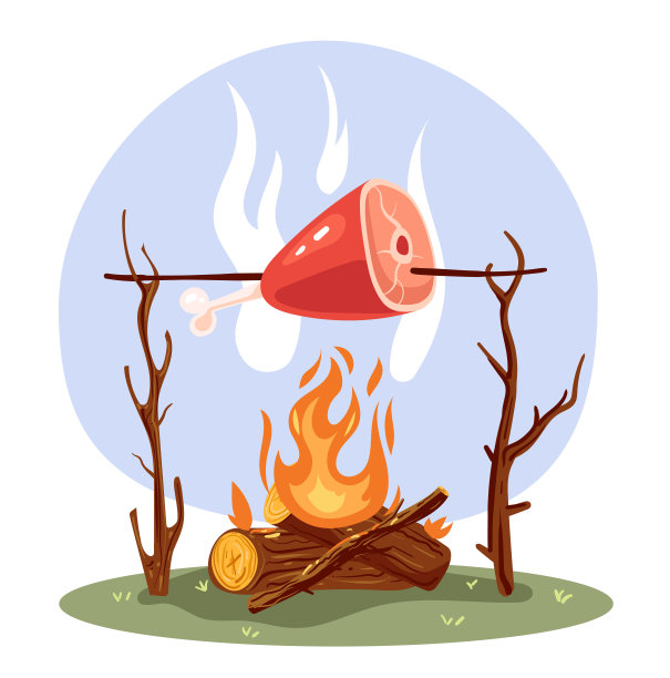 用明火烹煮猪肉腿。矢量平面图形设计插图图片下载