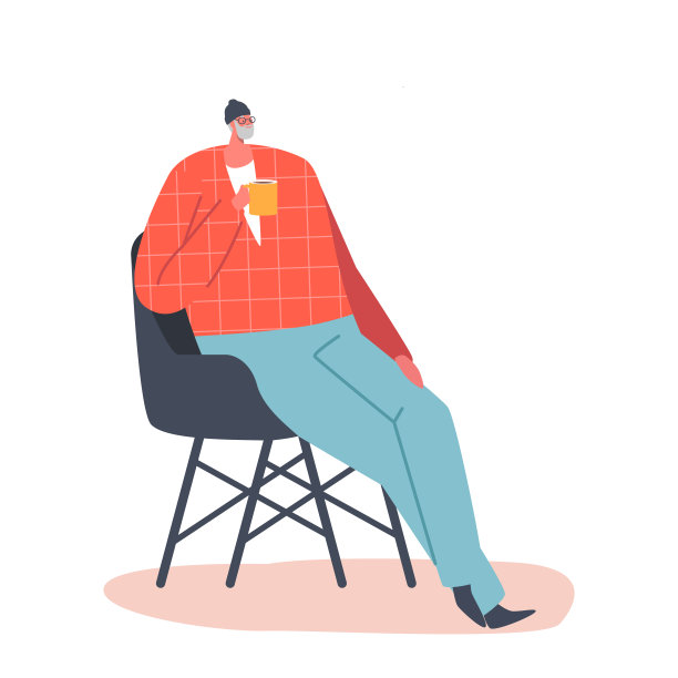 高级男性角色穿着时髦的衣服，坐在舒适的扶手椅上，手里拿着一杯茶，孤立在白色上图片下载