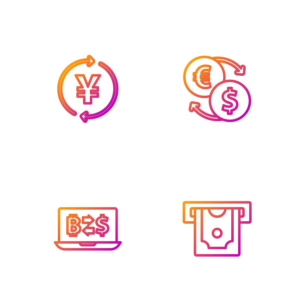 设置自动取款机和货币，加密货币兑换，日元和货币硬币。渐变颜色图标。向量图片下载