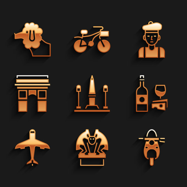 设置协和广场，石像鬼底座，滑板车，奶酪酒瓶，飞机，凯旋门，法国人和贵宾狗图标。向量图片下载