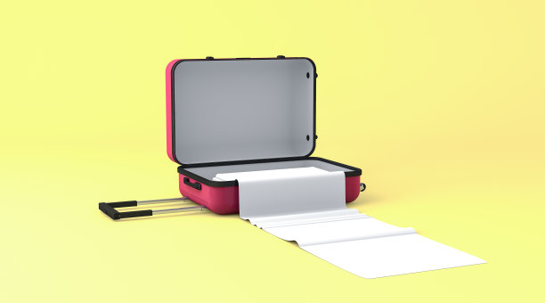 关闭红色行李箱的开口，里面有白布。图片下载