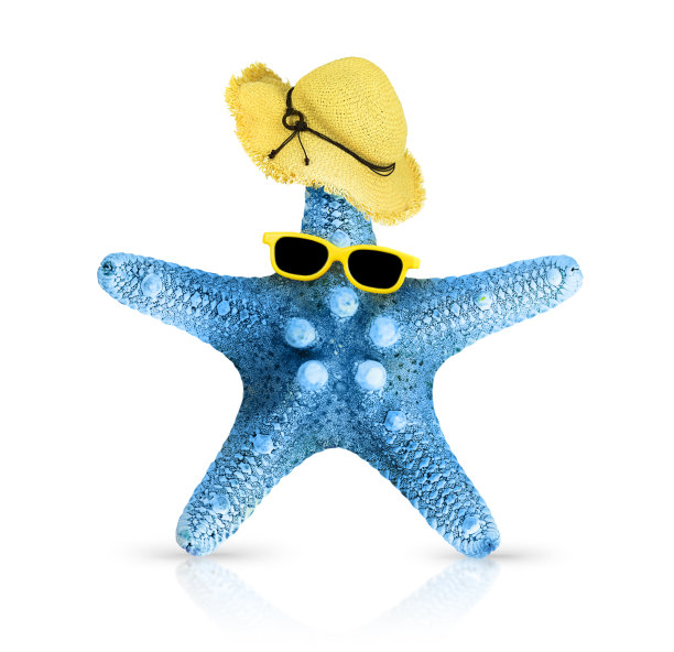戴太阳镜和帽子的海星。暑假的概念图片下载