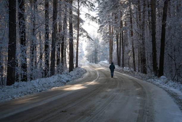 路森林冬霜阳光人图片下载