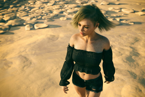 金发女人，风在她的头发在她的黑色衬衫在阳光干燥的岩石景观。高角度的观点。3 d渲染。图片下载