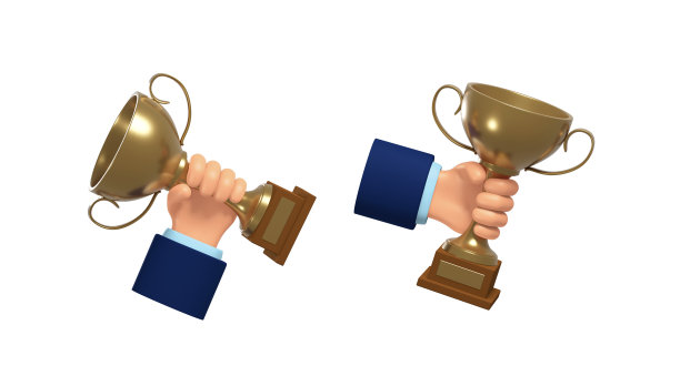 3d金杯在手中胜利孤立在白色背景，3d插图图片下载