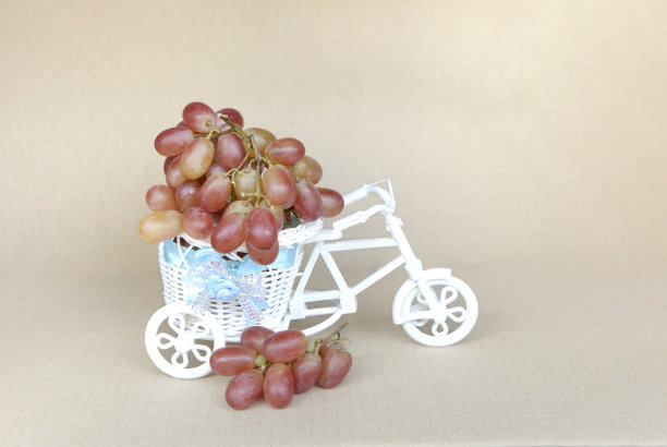 一辆带篮子的白色玩具自行车和一串红葡萄图片下载