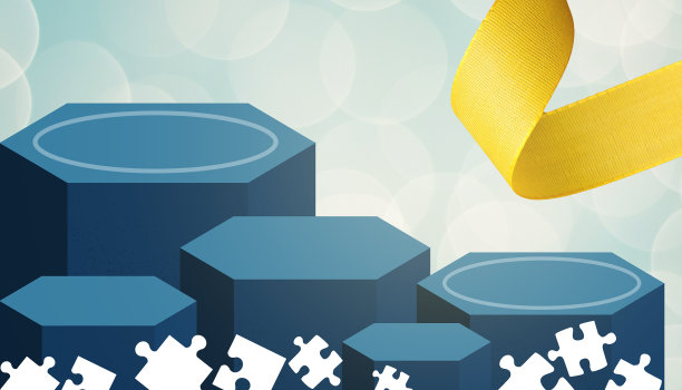 抽象的背景。讲台上的旗帜和保健理念。拼图和提高儿童在果岭上的技能。横幅、网站复制空间,Card-3d呈现图片下载