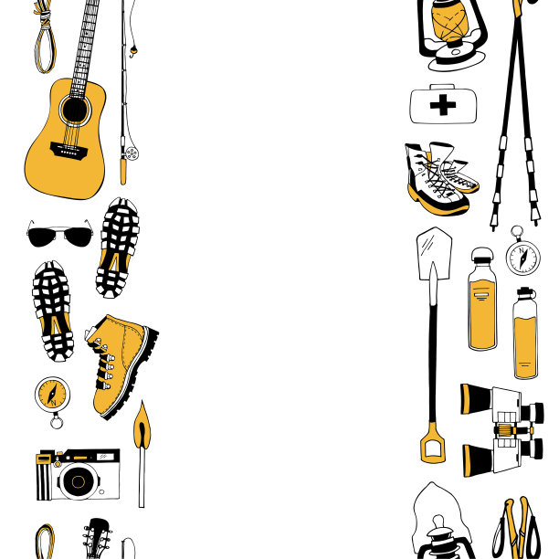 黑色、白色和黄色的现代矢量图案。无缝垂直边界的露营设备。无尽的刷子，条纹适合徒步旅行。框架设计。名片模板。文本的空白位置图片下载