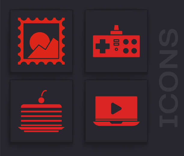 设置在线播放视频，画面景观，手柄和蛋糕图标。向量图片下载