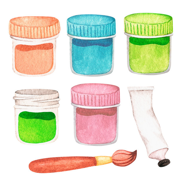 油漆和刷子。水彩插图。孤立在一个白色的背景。设计图片下载