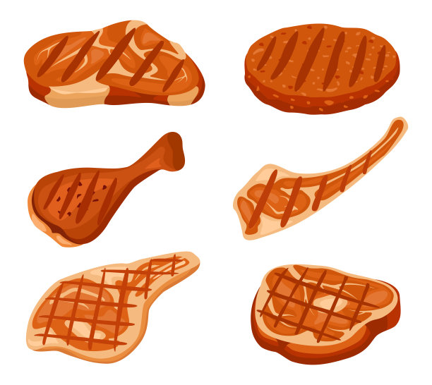 卡通烤肉，熟牛排，肋排和汉堡肉饼的标志。烧烤的烤食品。餐厅的菜单图片下载