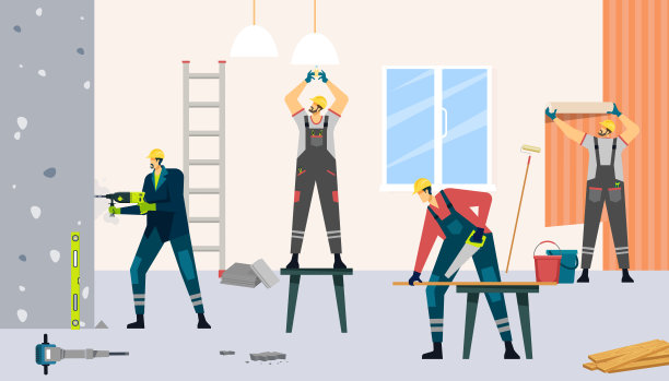 专业建筑工人在装修公寓。维修工组队贴墙纸、换灯图片下载