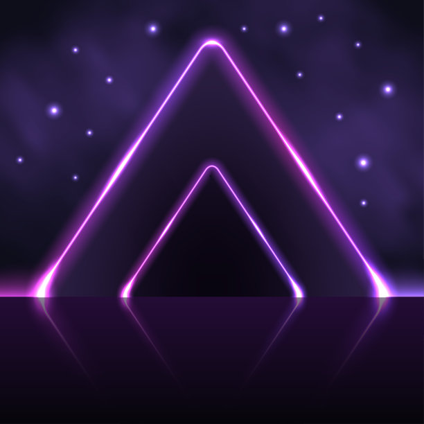 霓虹灯门，紫色发光的金字塔拱门门户，光辉光效果，星系空间世界的星星和火花。电子赛博朋克设计，霓虹灯合成器风格的背景。矢量图图片下载