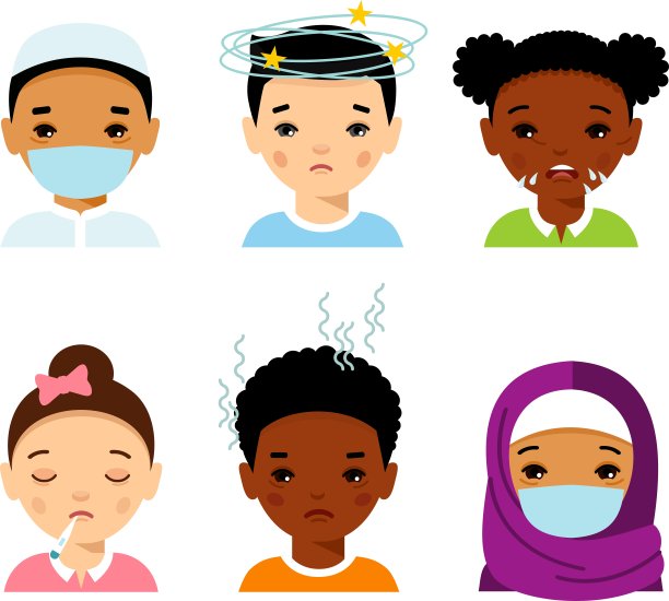 群体化身生病的孩子，肺炎，温度，打喷嚏，头痛的矢量插图。图片下载