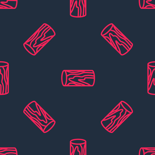 红线木日志图标孤立无缝图案上的黑色背景。堆柴火。向量图片下载