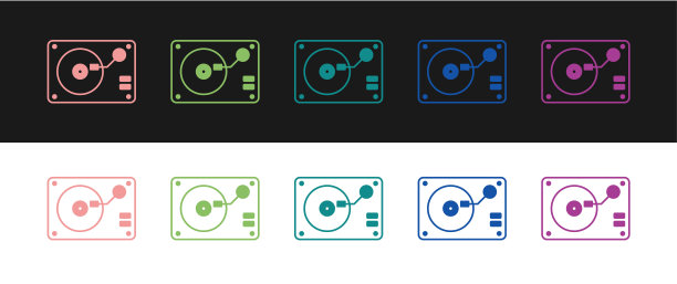 设置黑胶播放器与黑胶盘图标孤立在黑白背景上。向量图片下载