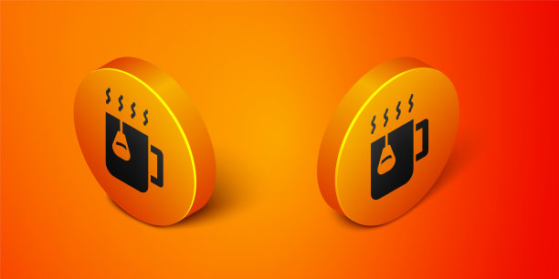 等距杯茶与茶包图标孤立在橙色背景。橙色圆按钮。向量图片下载