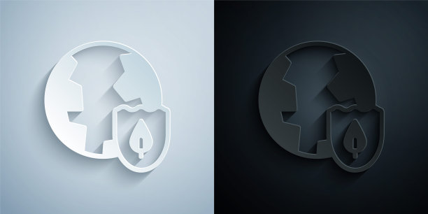 剪纸地球与盾牌图标孤立在灰色和黑色背景。保险的概念。安全、安全、保护、隐私理念。纸艺术风格。向量图片下载