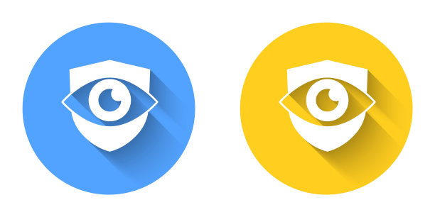 白盾和眼睛图标与长阴影背景隔离。安全、安全、保护、隐私理念。圆按钮。向量图片下载