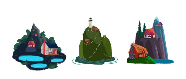 一套手绘的山区村庄的插图图片下载