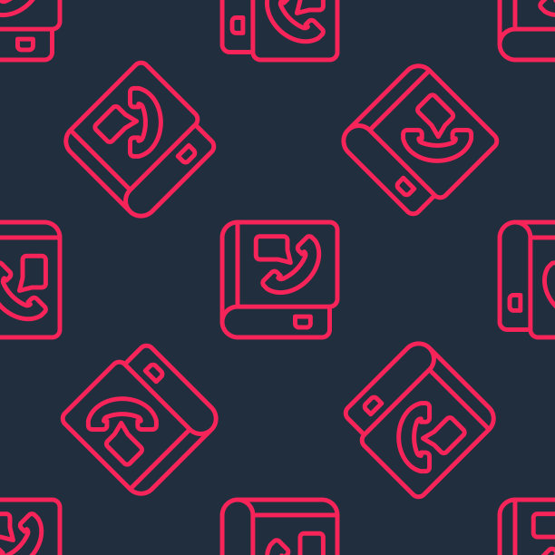 红线电话簿图标孤立无缝模式上的黑色背景。地址簿。电话簿。向量图片下载