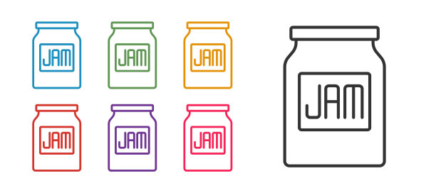 设置行果酱罐图标孤立在白色背景上。设置图标丰富多彩。向量图片下载