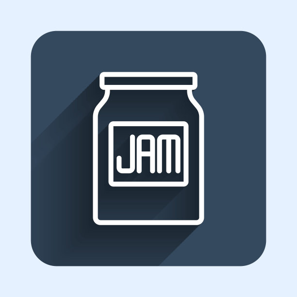 白线果酱罐图标孤立与长阴影背景。蓝色方块按钮。向量图片下载