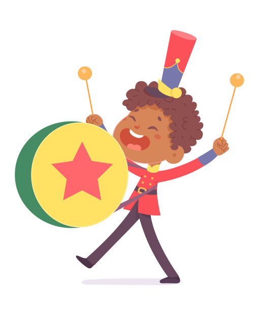 男孩鼓手带着鼓和鼓槌在游行队伍中演奏响亮有趣的音乐和节奏图片下载