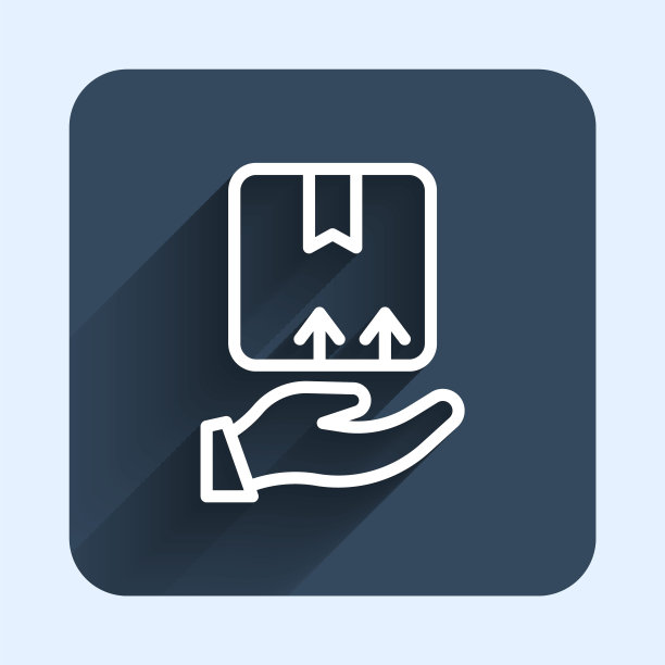 白线交付手与纸箱图标隔离与长阴影背景。通过快递送货上门。蓝色方块按钮。向量图片下载