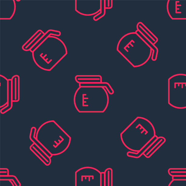 红色线咖啡壶图标孤立无缝模式上的黑色背景。向量图片下载