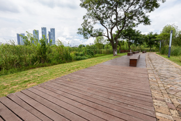 城市公园木制走道和现代摩天大楼的背景图片下载