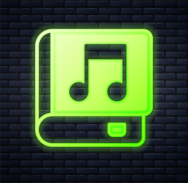 发光的霓虹灯音频书图标孤立在砖墙背景。音符与书。音频引导标志。在线学习的概念。向量图片下载