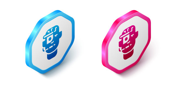 等距智能眼镜安装在眼镜图标孤立在白色背景上。可穿戴电子智能眼镜，带有摄像头和显示器。六角按钮。向量图片下载