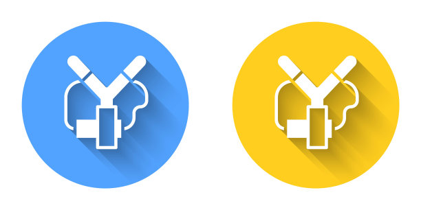 白色弹弓图标孤立与长阴影背景。圆按钮。向量图片下载