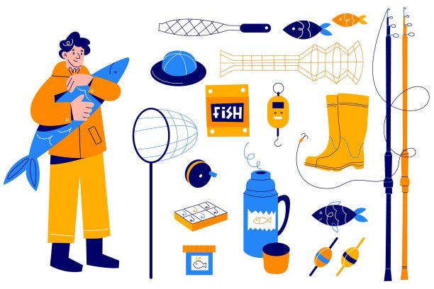 捕捞对象。有不同配件的渔夫，户外爱好，有设备和大渔获的人，浮子，保温瓶和钩子。网杆和胶靴，矢量隔离设置图片下载