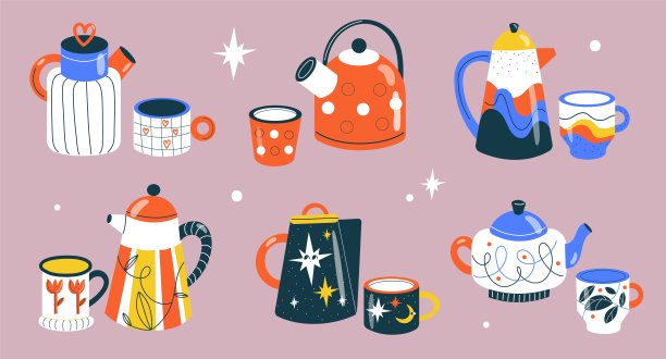 杯子和茶壶。可爱的图案水壶，陶瓷杯，不同设计有趣的陶器，热饮杯，舒适的陶瓷产品，厨房陶瓷餐具，矢量卡通孤立集图片下载