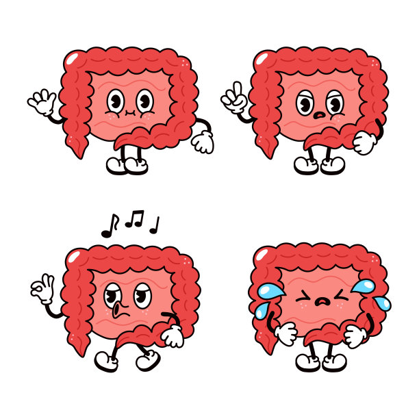 有趣可爱的肠字符捆绑集。矢量手绘涂鸦风格传统卡通复古，复古的人物插图图标设计。孤立的白色背景。肠道吉祥物字符图片下载