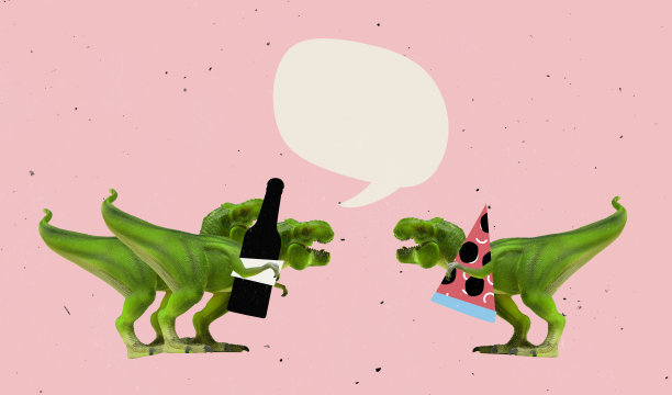 有趣的玩具恐龙去喝酒派对，被隔绝在浅色的背景下。概念的乐趣，欢乐，假期。当代艺术品,拼贴图片下载