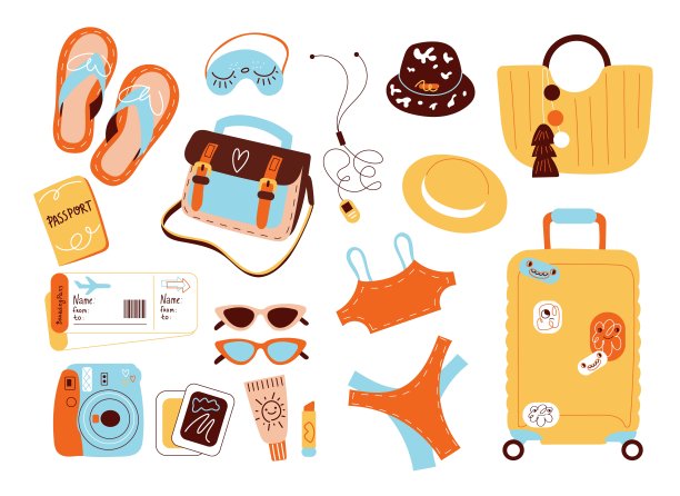 旅行配件。暑假用品，飞行用品，海滩度假用品。证件，票，比基尼和行李，海边度假胜地，矢量卡通平面孤立集图片下载