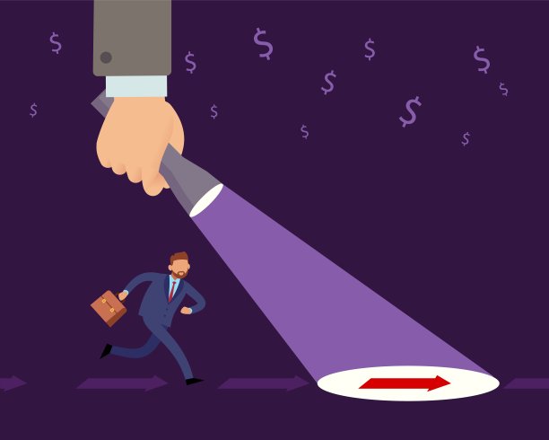 领导走向成功的方向。巨手用手电筒照亮道路，商人通往目标、商业方向、雄心和胜利的道路。矢量孤立领导概念图片下载