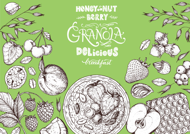 燕麦成分说明。燕麦片，浆果，水果和坚果手绘草图。早餐顶视图框架。早餐菜单设计。手绘矢量插图。图片下载