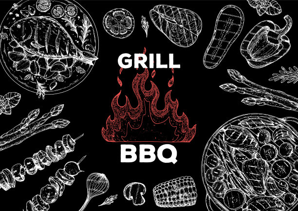 烧烤速写。菜单设计模板。烤鱼和蔬菜架。矢量插图。雕刻设计。手绘插图。图片下载