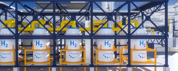 可再生氢能源生产-用于清洁电力、太阳能和风力涡轮机设施的氢气。3 d渲染。图片下载
