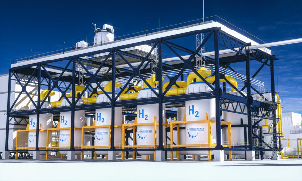 可再生氢能源生产-用于清洁电力、太阳能和风力涡轮机设施的氢气。3 d渲染。图片下载