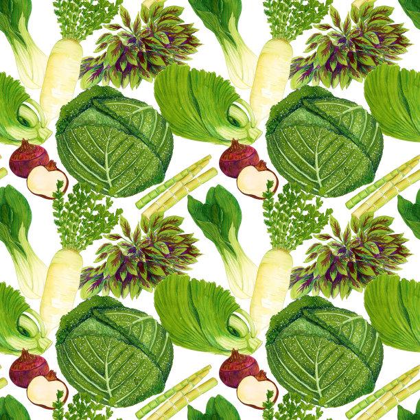 水彩手绘无缝蔬菜图案在白色背景。图片下载